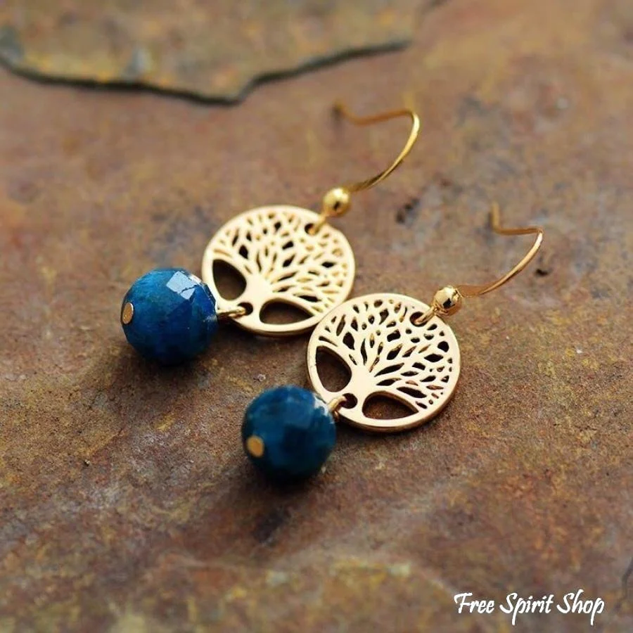 Natural Blue Apatite & Tree Of Life Earrings - Image 4