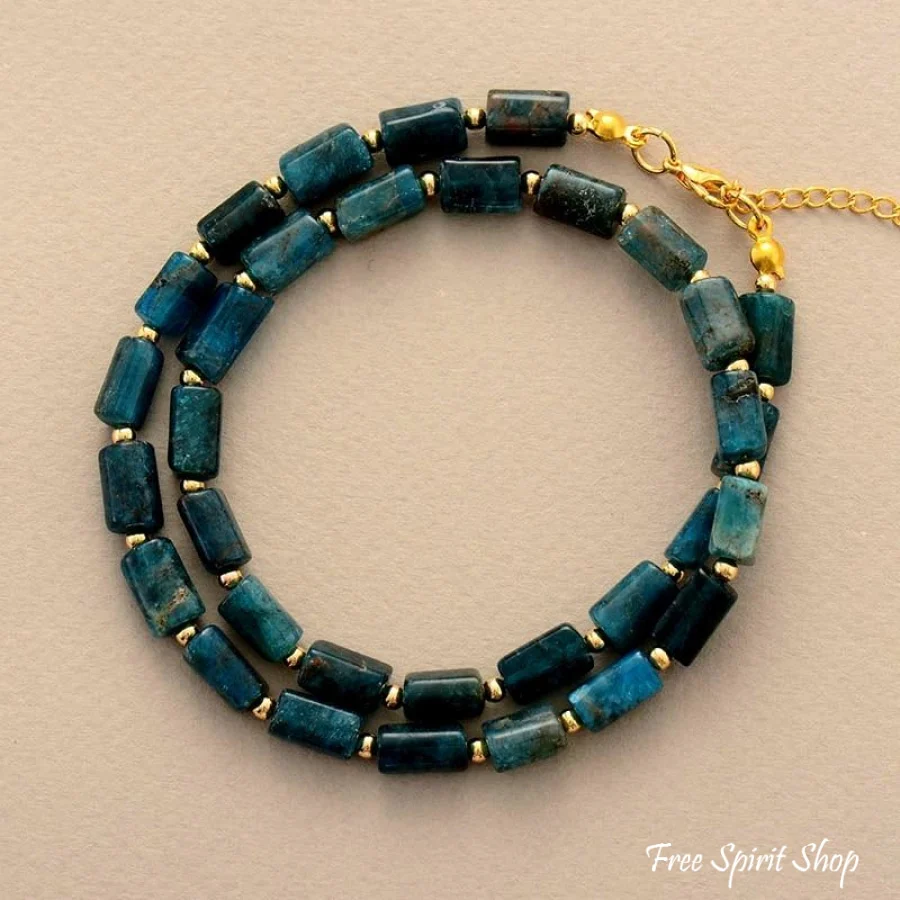 Natural Blue Apatite Tube Bead Choker Necklace - Image 4