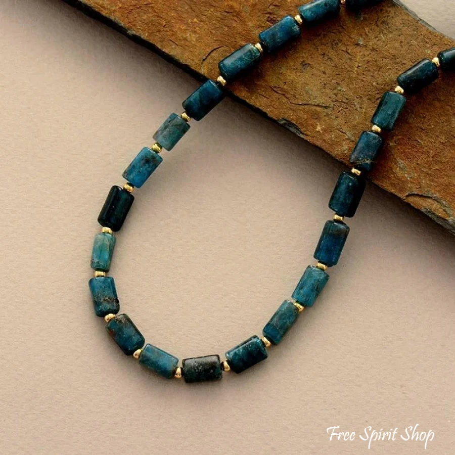 Natural Blue Apatite Tube Bead Choker Necklace - Image 5