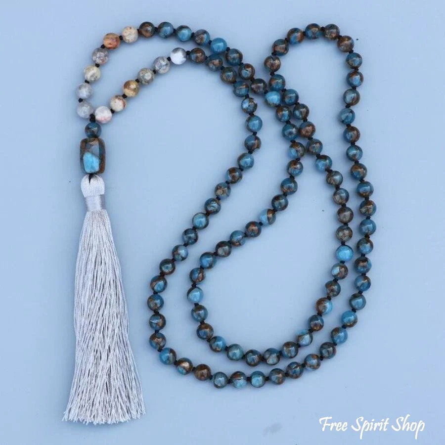 Natural Blue Crazy Onyx Stone Mala Bead Necklace