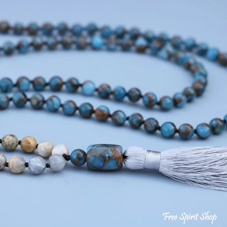 Natural Blue Crazy Onyx Stone Mala Bead Necklace - Image 2
