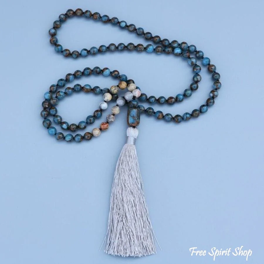 Natural Blue Crazy Onyx Stone Mala Bead Necklace - Image 3