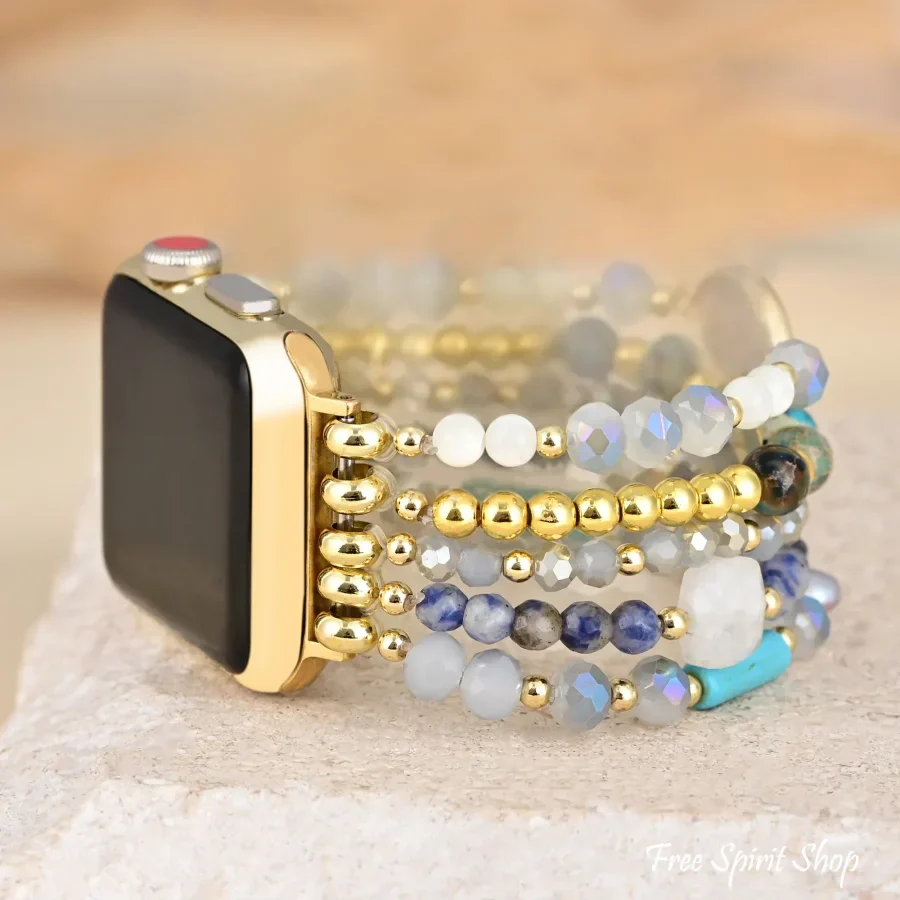 Natural Blue Sodalite Freshwater Pearl & Jasper Stretchable Apple Watch Band - Image 2