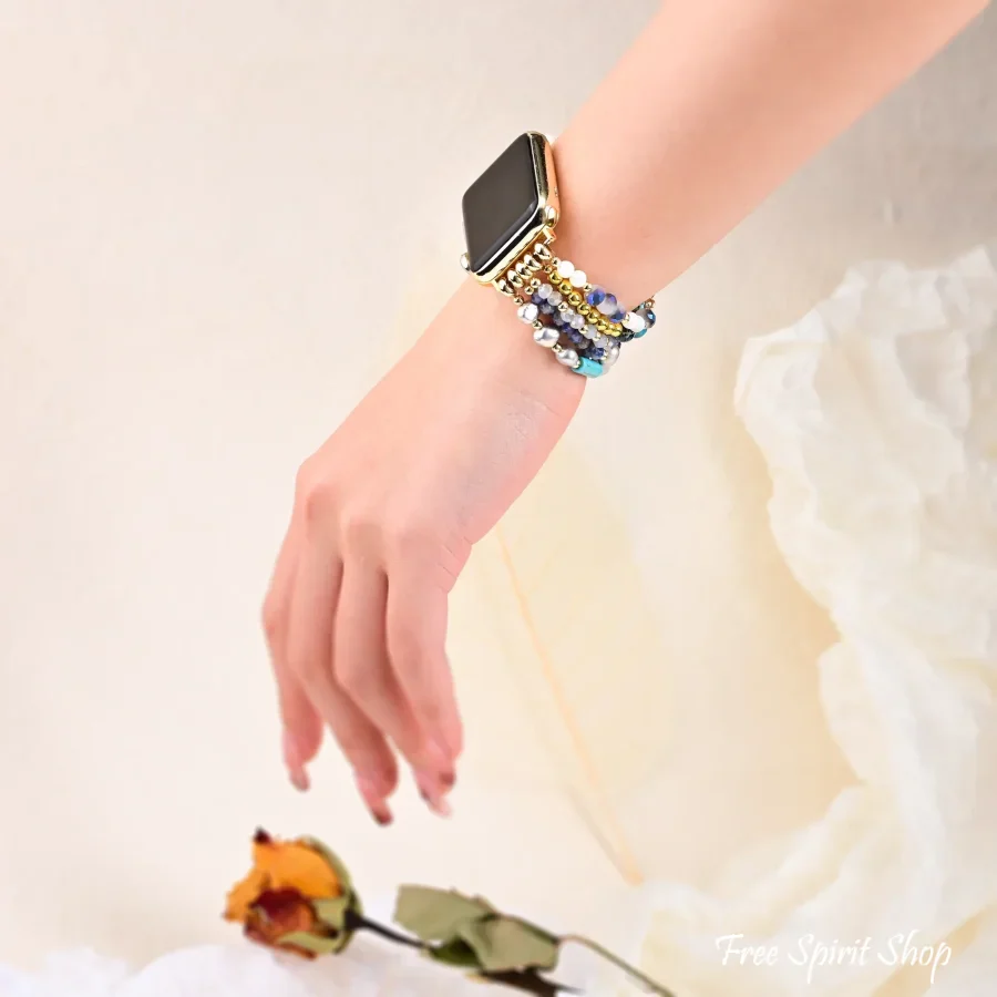 Natural Blue Sodalite Freshwater Pearl & Jasper Stretchable Apple Watch Band - Image 3
