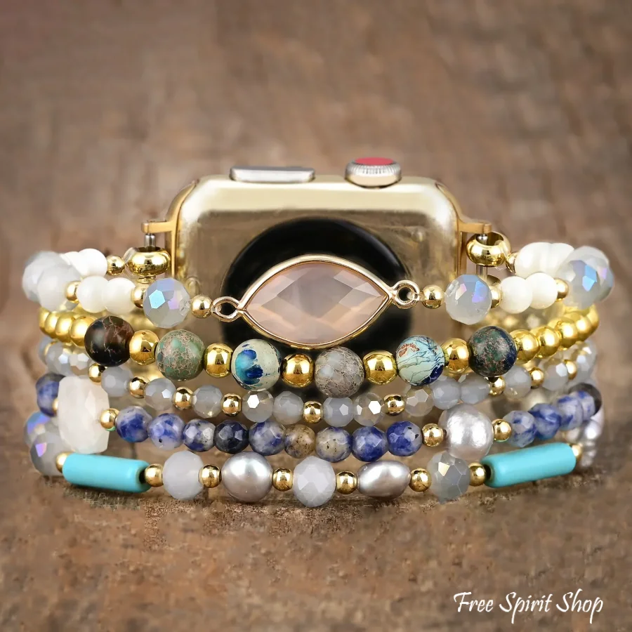 Natural Blue Sodalite Freshwater Pearl & Jasper Stretchable Apple Watch Band - Image 4