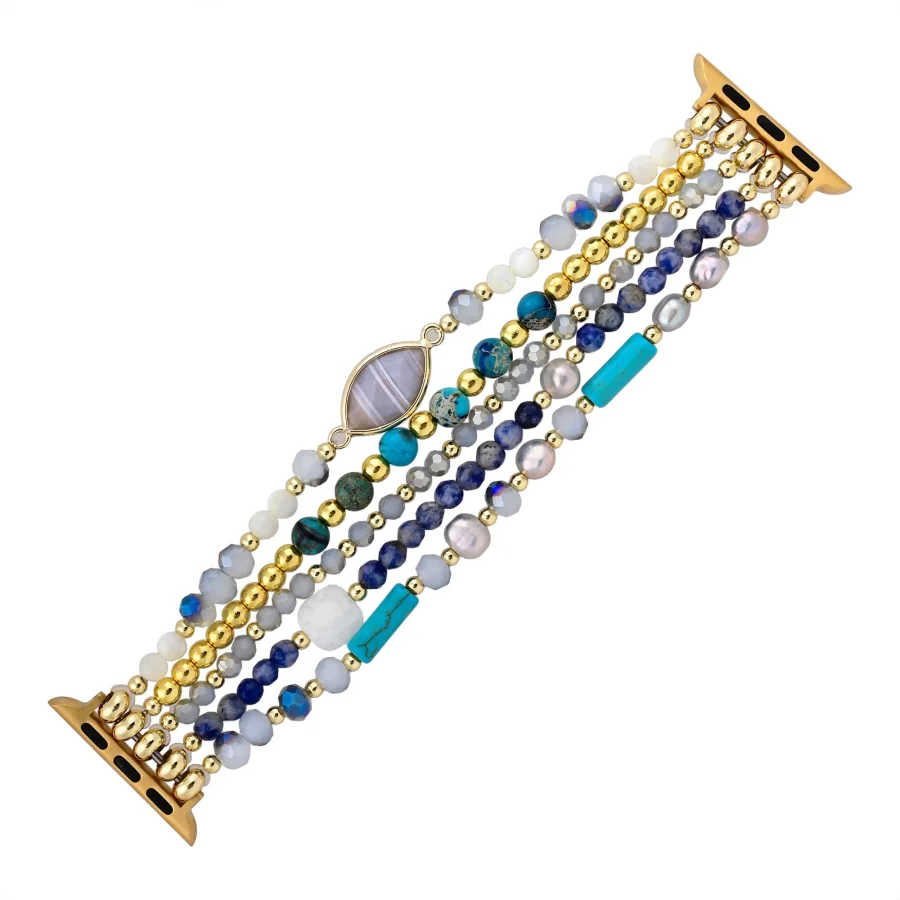 Natural Blue Sodalite Freshwater Pearl & Jasper Stretchable Apple Watch Band - Image 6
