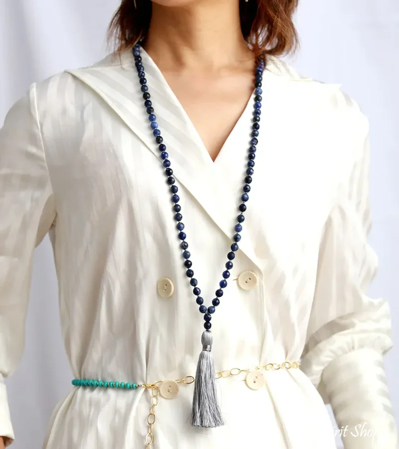 Natural Blue Sodalite & Gray Tassel Mala Bead Necklace - Image 3