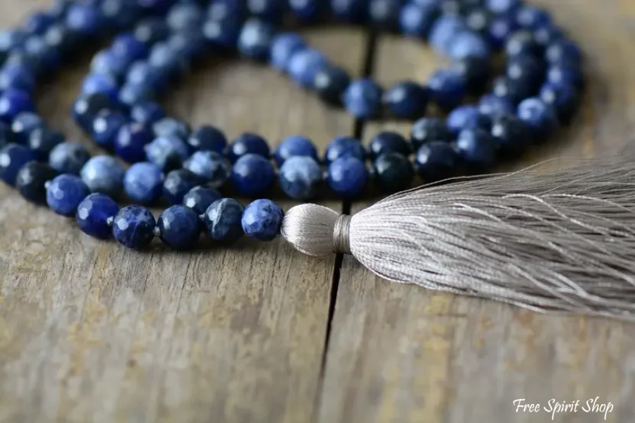 Natural Blue Sodalite & Gray Tassel Mala Bead Necklace - Image 4