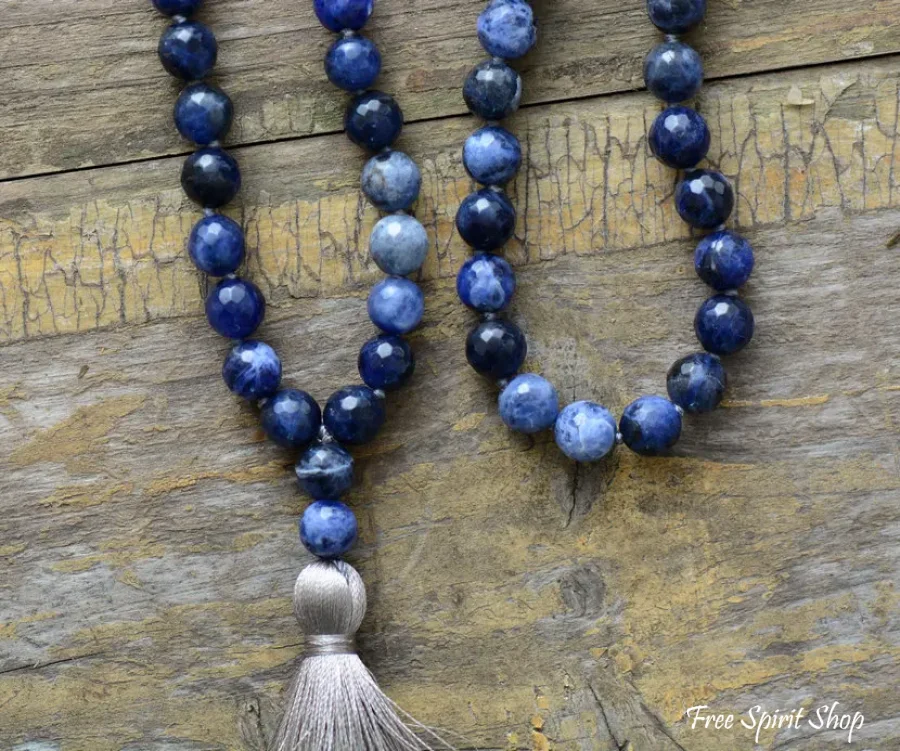 Natural Blue Sodalite & Gray Tassel Mala Bead Necklace - Image 5