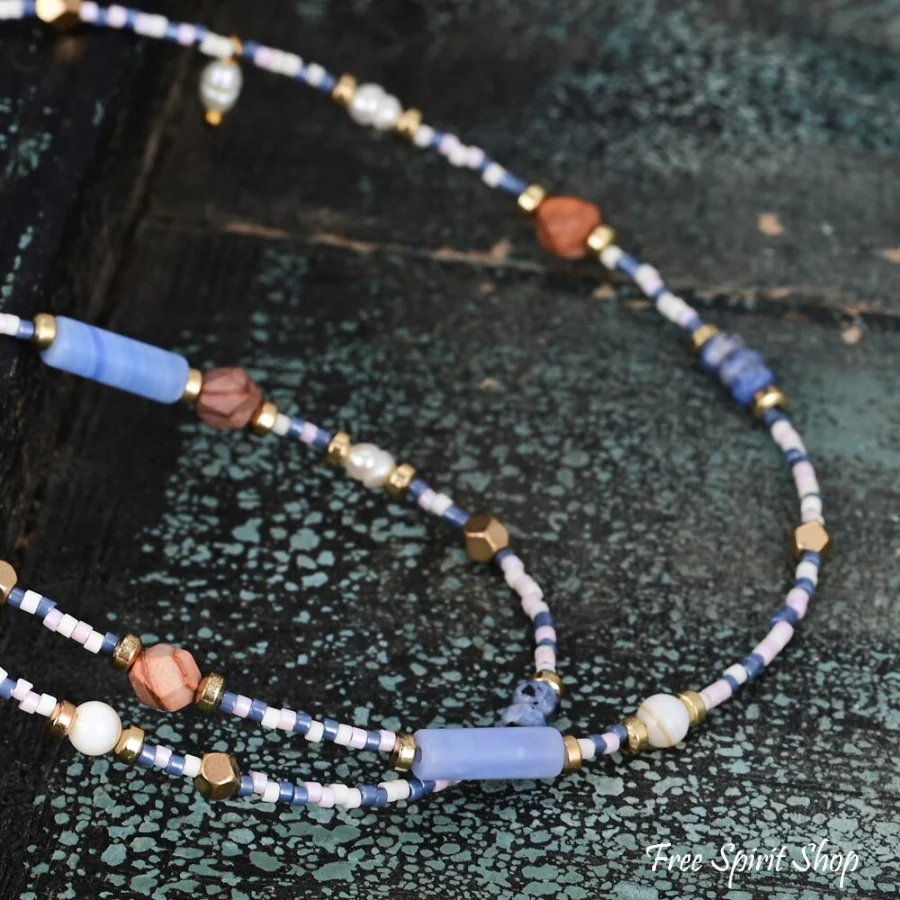Natural Blue Sodalite Jasper & Pearl Beaded Choker Necklace - Image 4