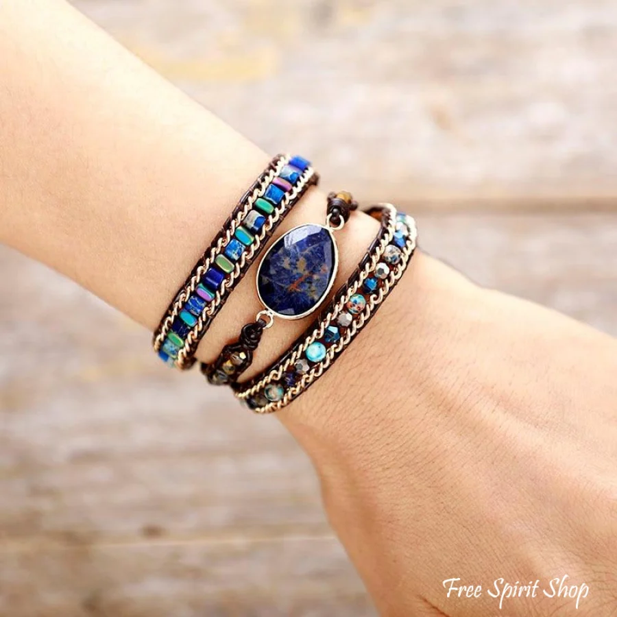 Natural Blue Sodalite & Jasper Wrap Bracelet - Image 2