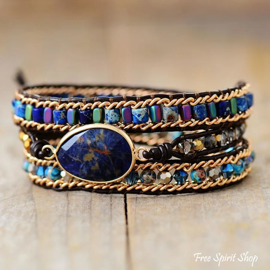 Natural Blue Sodalite & Jasper Wrap Bracelet - Image 4