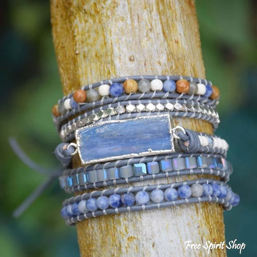 Natural Blue Topaz Sodalite & Howlite Gemstone Leather Wrap Bracelet - Silver Version - Image 3