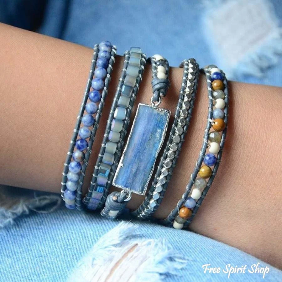 Natural Blue Topaz Sodalite & Howlite Gemstone Leather Wrap Bracelet - Silver Version - Image 4