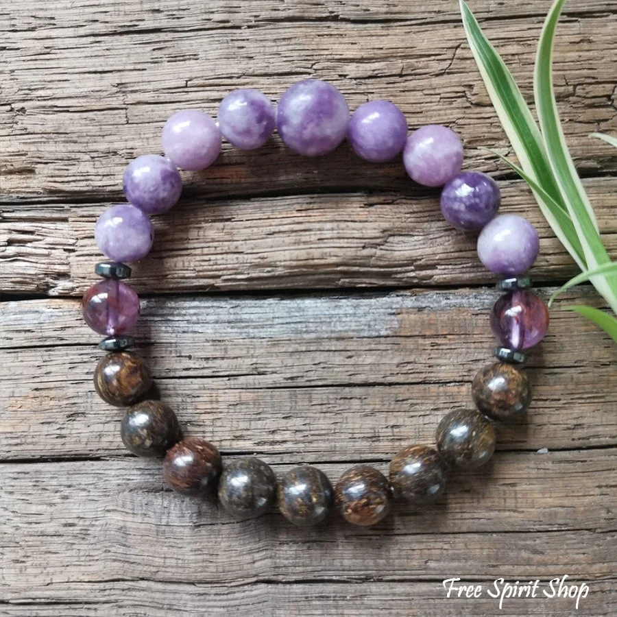 Natural Bronzite & Purple Lepidolite Bead Bracelet - Image 2