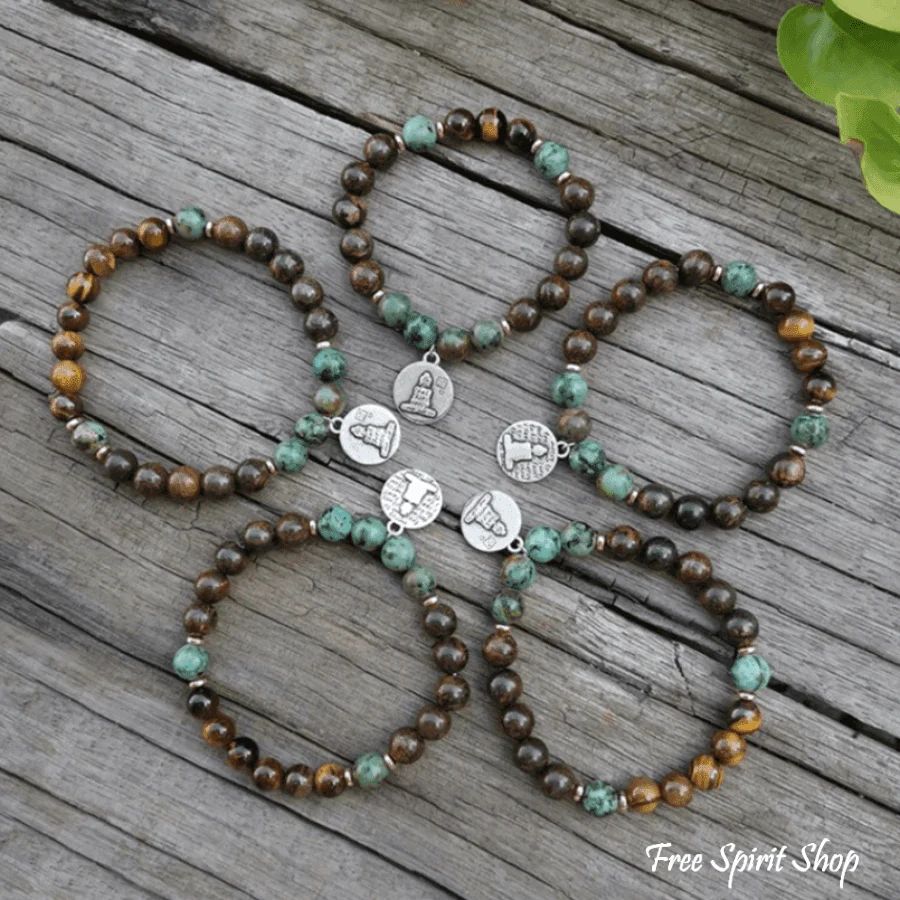 Natural Bronzite Tiger Eye & African Turquoise Bead Bracelet