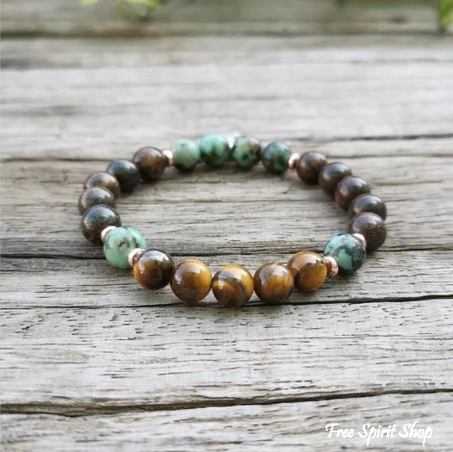 Natural Bronzite Tiger Eye & African Turquoise Bead Bracelet - Image 2