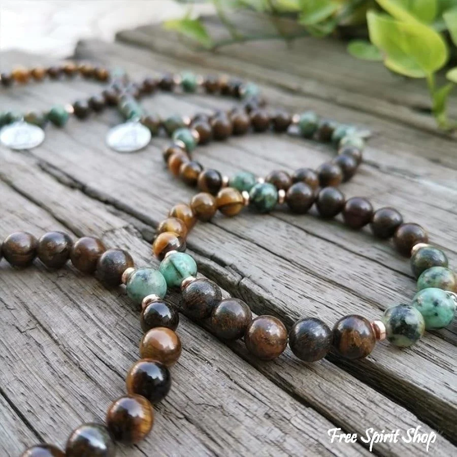 Natural Bronzite Tiger Eye & African Turquoise Bead Bracelet - Image 3