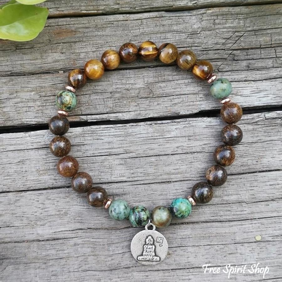 Natural Bronzite Tiger Eye & African Turquoise Bead Bracelet - Image 4