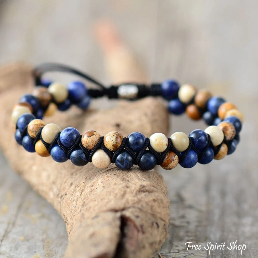 Natural Blue Sodalite & Picture Jasper Bead Bracelet - Image 2