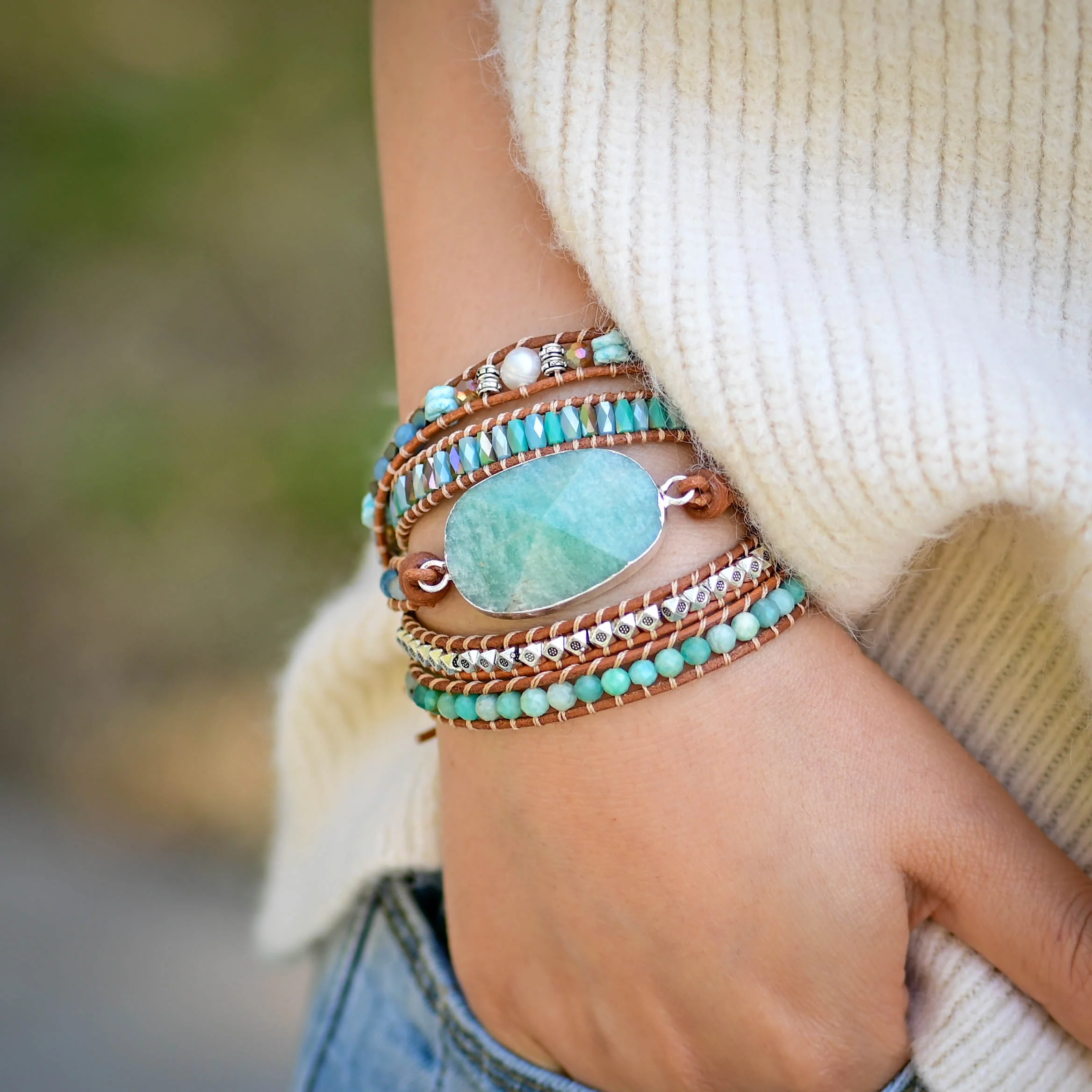 Natural Calming Amazonite Bead Wrap Bracelet - Image 2