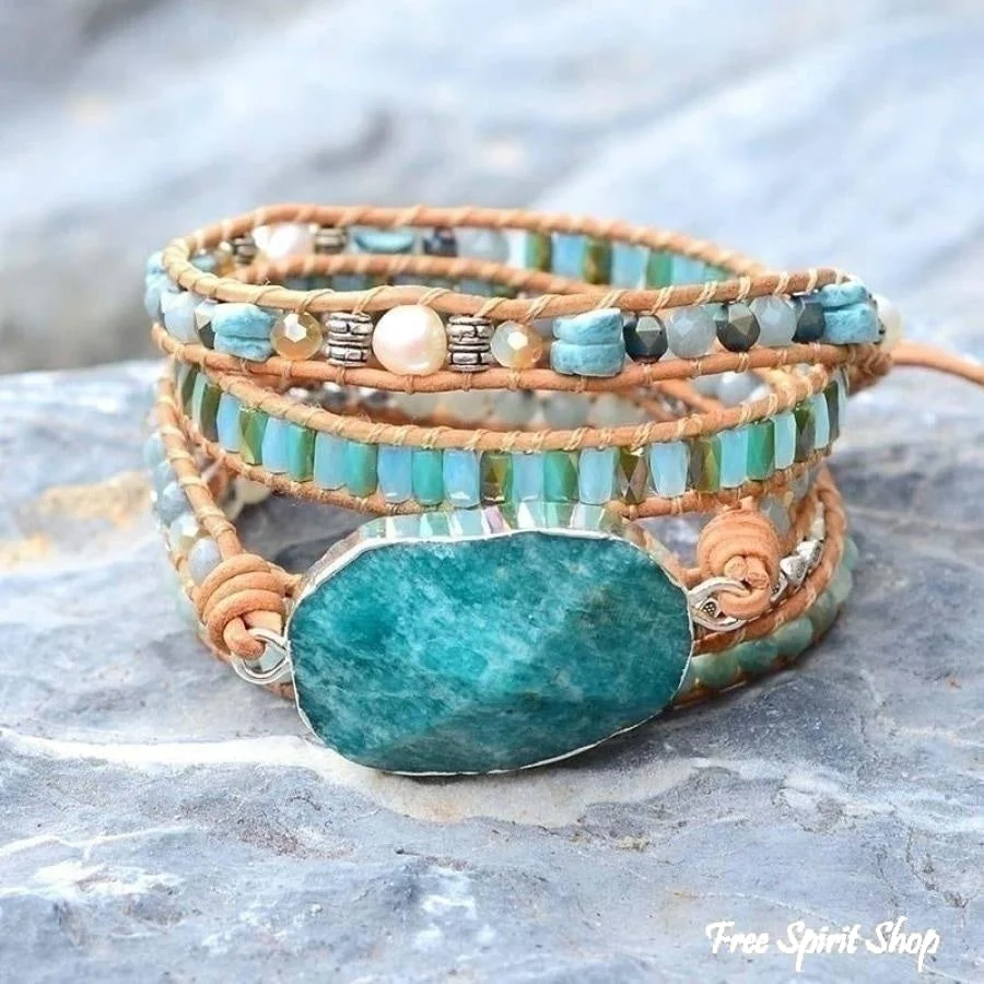 Natural Calming Amazonite Bead Wrap Bracelet - Image 4