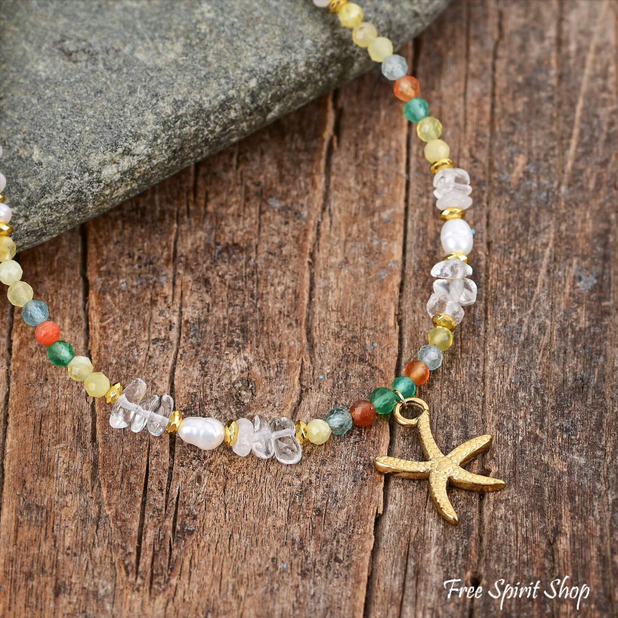 Natural Citrine & Pearl Beaded Anklet with Starfish Charm - Image 2