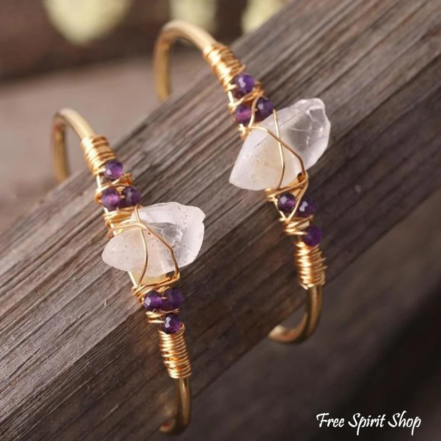 Natural Clear Quartz & Amethyst Cuff Bracelet - Image 3