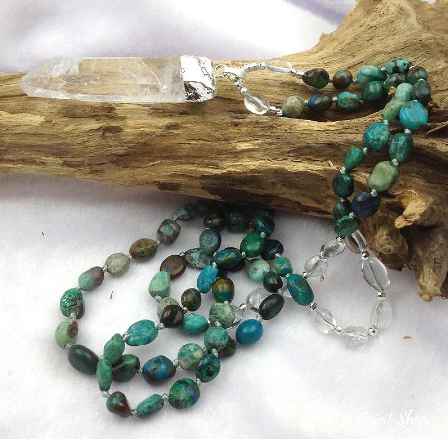 Natural Clear Quartz Crystal & African Turquoise Gemstone Bead Necklace