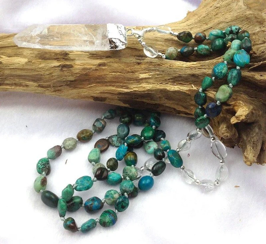 Natural Clear Quartz Crystal & African Turquoise Gemstone Bead Necklace - Image 2