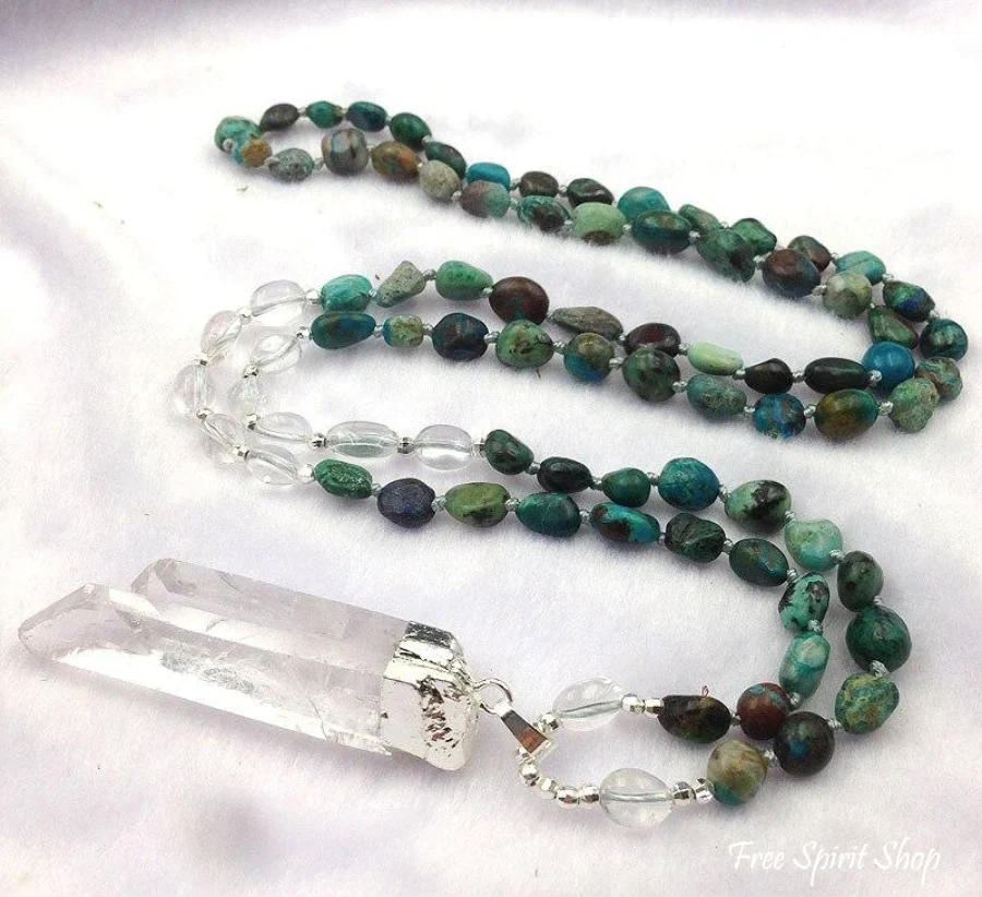 Natural Clear Quartz Crystal & African Turquoise Gemstone Bead Necklace - Image 3