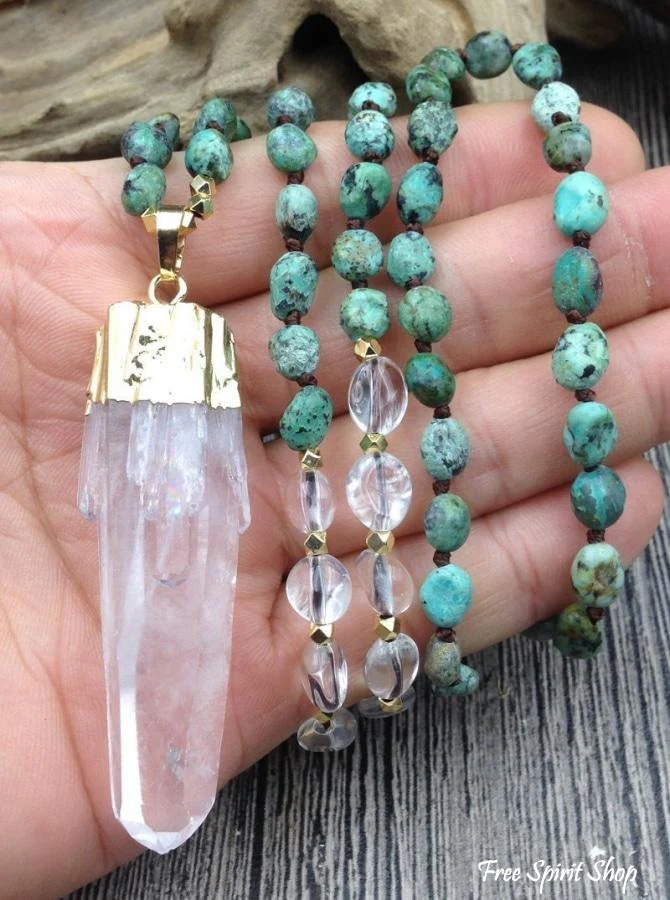 Natural Clear Quartz Crystal & African Turquoise Gemstone Bead Necklace - Image 3