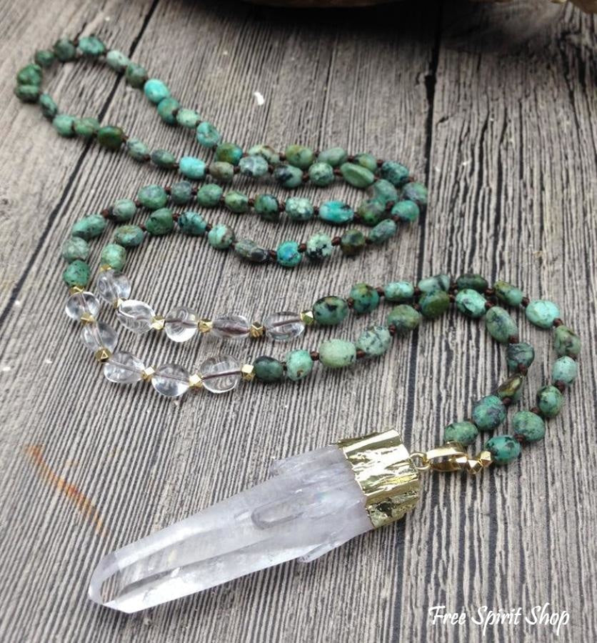Natural Clear Quartz Crystal & African Turquoise Gemstone Bead Necklace - Image 5
