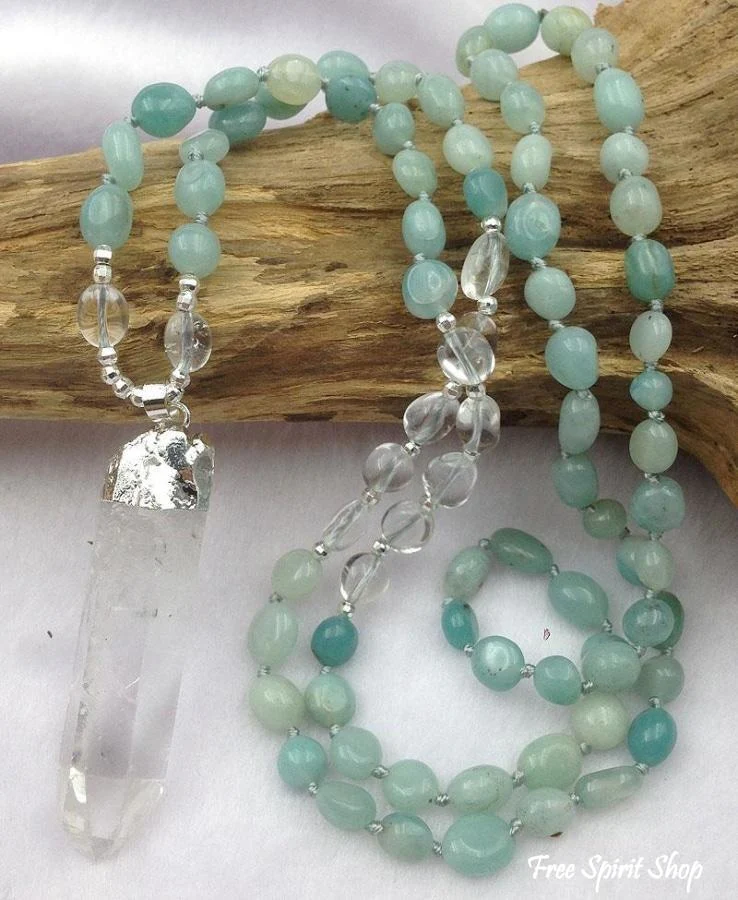Natural Clear Quartz Crystal & Amazonite Gemstone Bead Necklace - Image 3