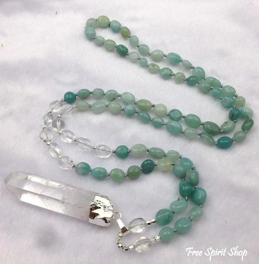 Natural Clear Quartz Crystal & Amazonite Gemstone Bead Necklace - Image 4