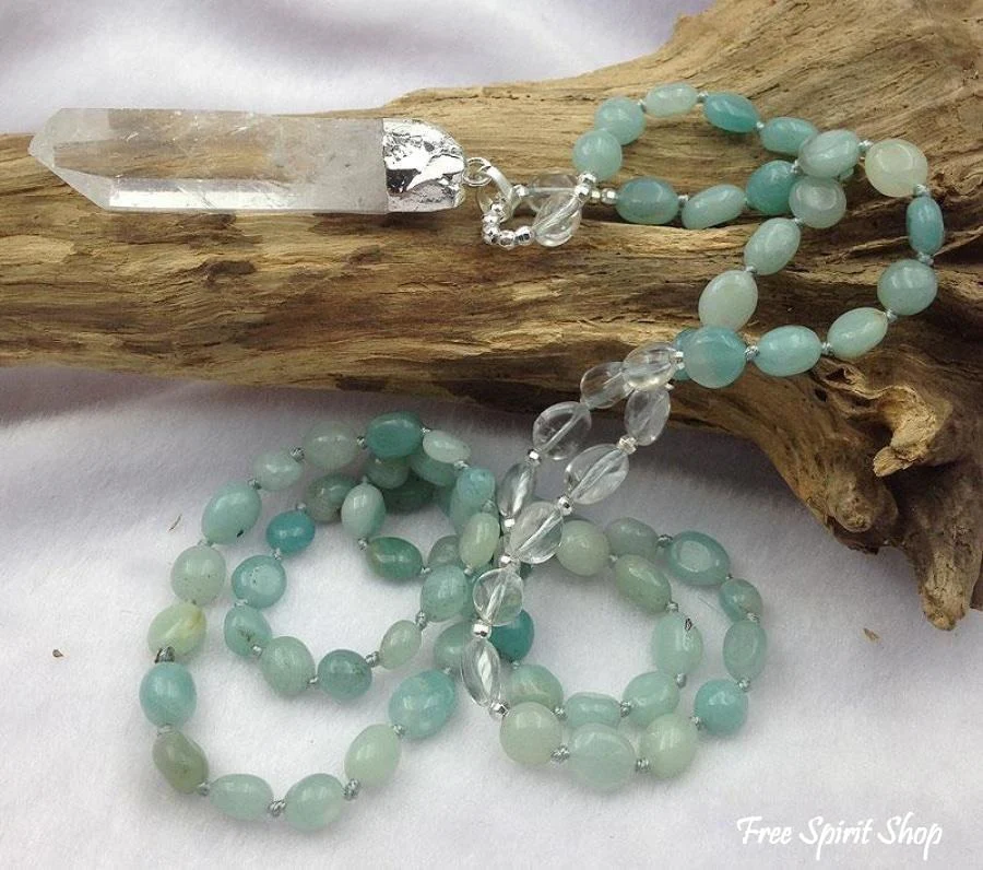 Natural Clear Quartz Crystal & Amazonite Gemstone Bead Necklace - Image 5