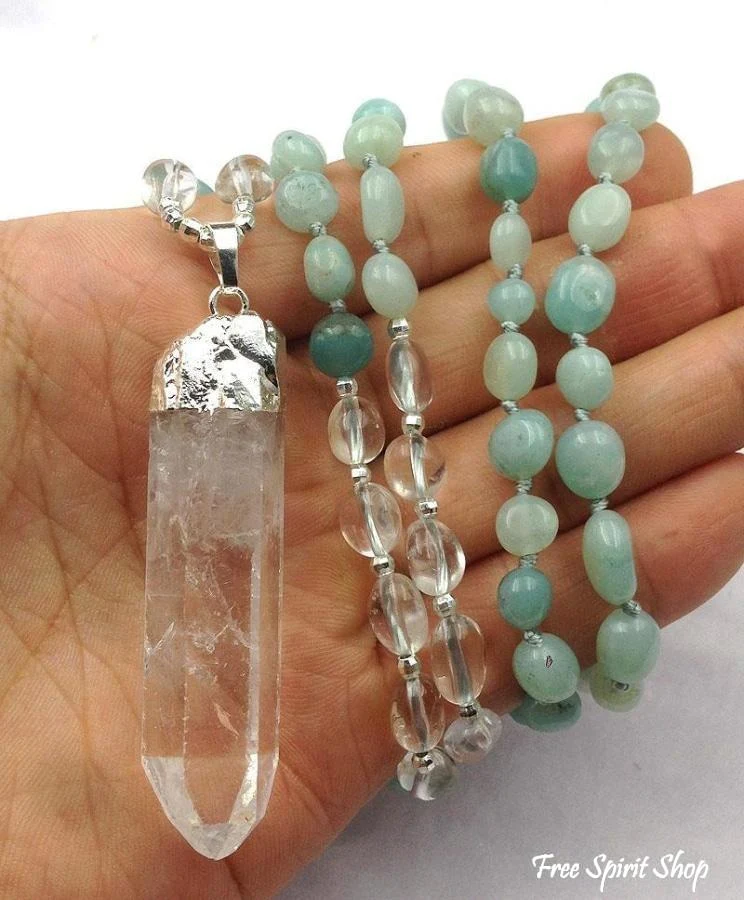 Natural Clear Quartz Crystal & Amazonite Gemstone Bead Necklace - Image 6