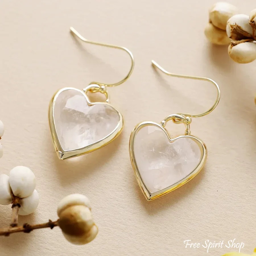 Natural Clear Quartz Crystal Heart Earrings