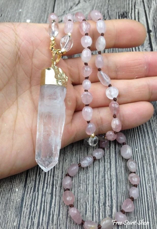 Natural Clear Quartz & Rose Quartz Gemstone Necklace - Image 3