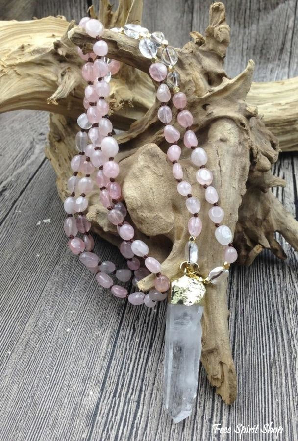 Natural Clear Quartz & Rose Quartz Gemstone Necklace - Image 4
