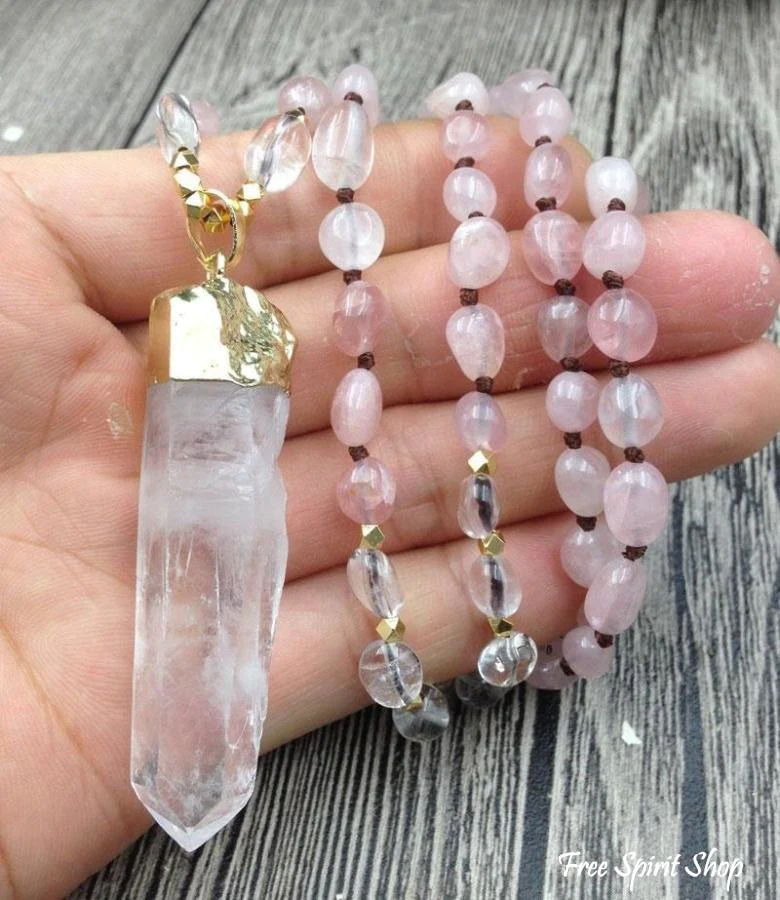 Natural Clear Quartz & Rose Quartz Gemstone Necklace - Image 6