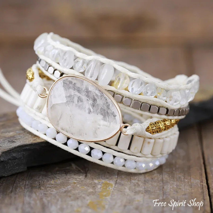 Natural Clear Quartz White Beaded Wrap Bracelet