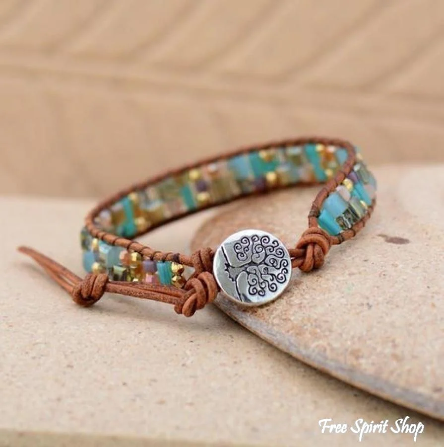 Natural Crystal & Leather Tree of Life Wrap Bracelet - Image 4