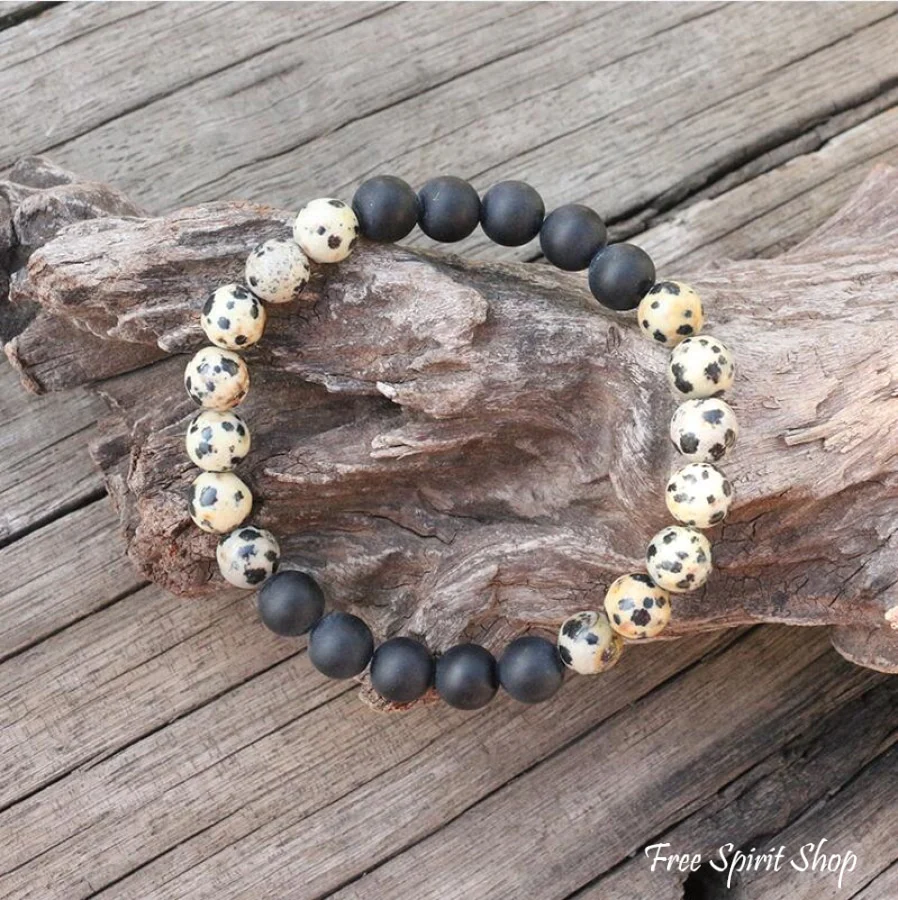Natural Dalmatian Jasper Black Onyx & Lava Stone Bead Bracelet