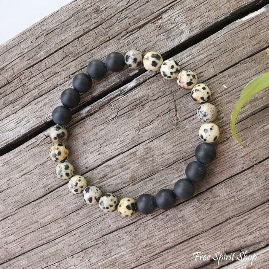 Natural Dalmatian Jasper Black Onyx & Lava Stone Bead Bracelet - Image 2