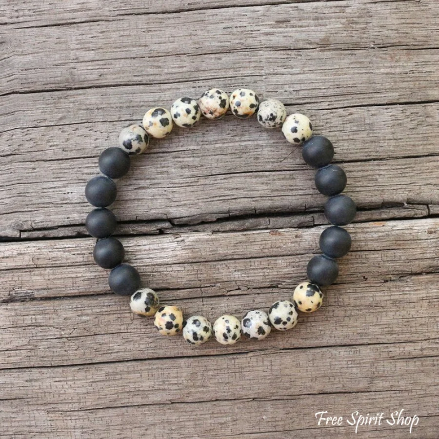 Natural Dalmatian Jasper Black Onyx & Lava Stone Bead Bracelet - Image 3