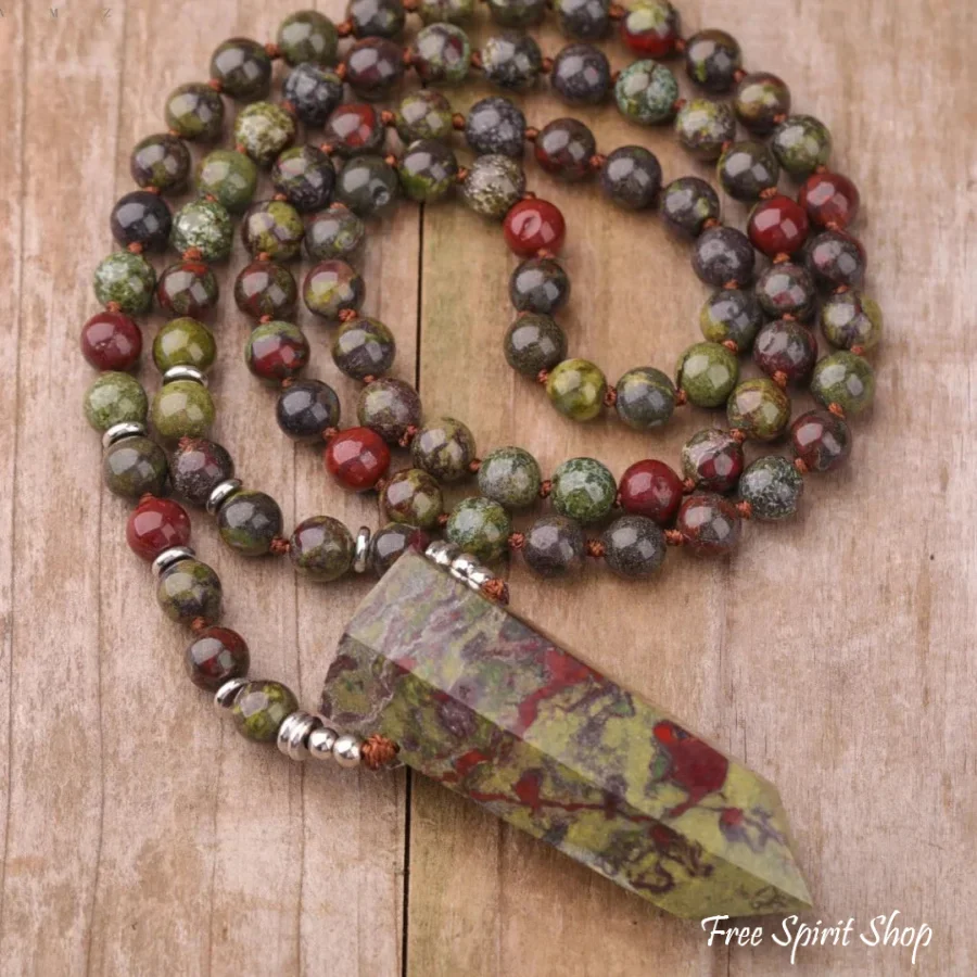 108 Natural Dragon Blood Jasper Mala Bead Necklace With Wandpoint Pendant