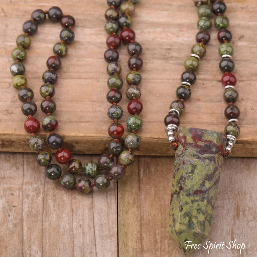 108 Natural Dragon Blood Jasper Mala Bead Necklace With Wandpoint Pendant - Image 2
