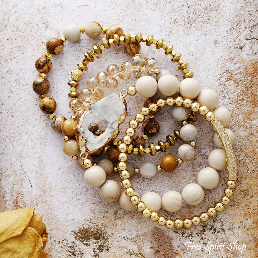 Natural Druzy Picture Jasper & Rose Quartz Bracelet Set - Image 2