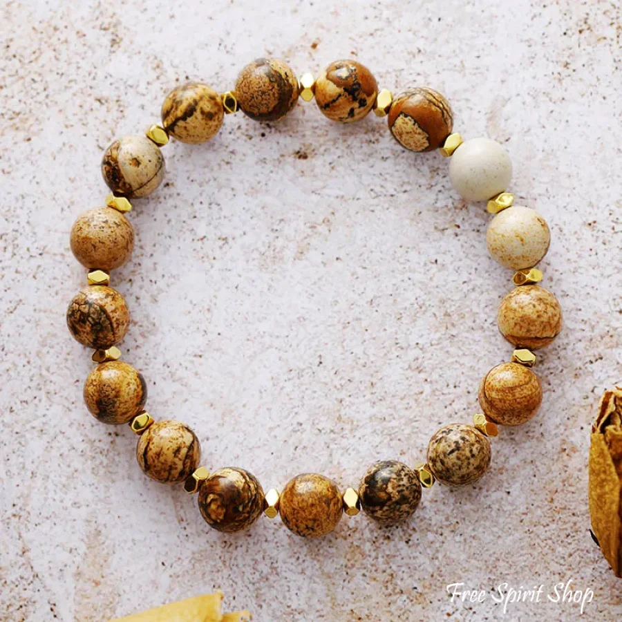 Natural Druzy Picture Jasper & Rose Quartz Bracelet Set - Image 3